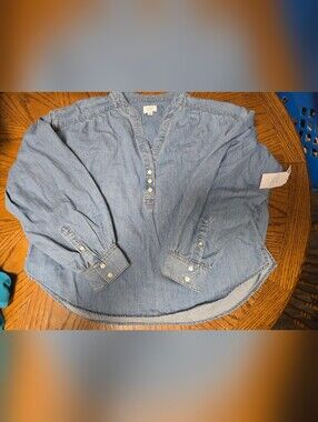 Time and Tru Light Blue Denim Henley Blouse